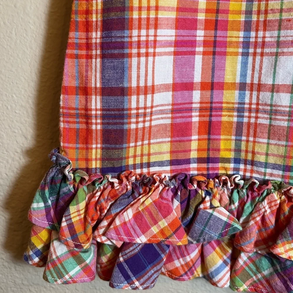 Ralph Lauren Ruffle Plaid Short Sleeve Linen Cotton Blend Dress